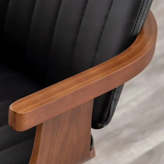 Alt view image 6 of 7 - Swivel Dining Chairs, Set of 2 Kitchen Swivel Chairs with Walnut Craftsmanship, Upholstered Faux Leather, Wooden Arms and Legs, Walnut Dining Chairs for Kitchen/Living Room (Black, Swiv)