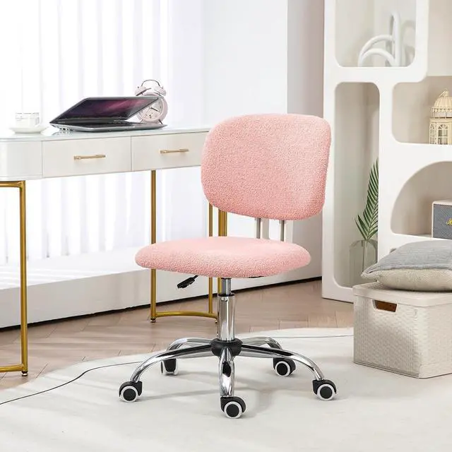 Alt view image 2 of 7 - Vinsetto Cute Armless Office Chair, Teddy Fleece Fabric Computer Desk Chair, Vanity Task Chair with Adjustable Height, Swivel Wheels, Mid Back, Pink