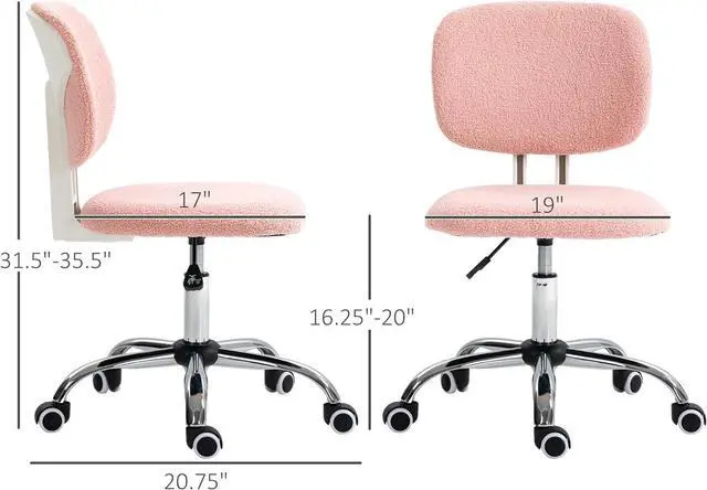 Alt view image 3 of 7 - Vinsetto Cute Armless Office Chair, Teddy Fleece Fabric Computer Desk Chair, Vanity Task Chair with Adjustable Height, Swivel Wheels, Mid Back, Pink