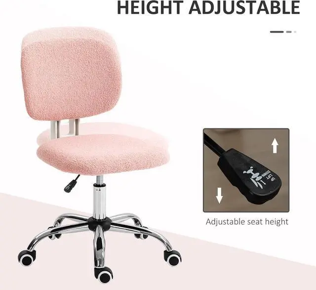 Alt view image 4 of 7 - Vinsetto Cute Armless Office Chair, Teddy Fleece Fabric Computer Desk Chair, Vanity Task Chair with Adjustable Height, Swivel Wheels, Mid Back, Pink