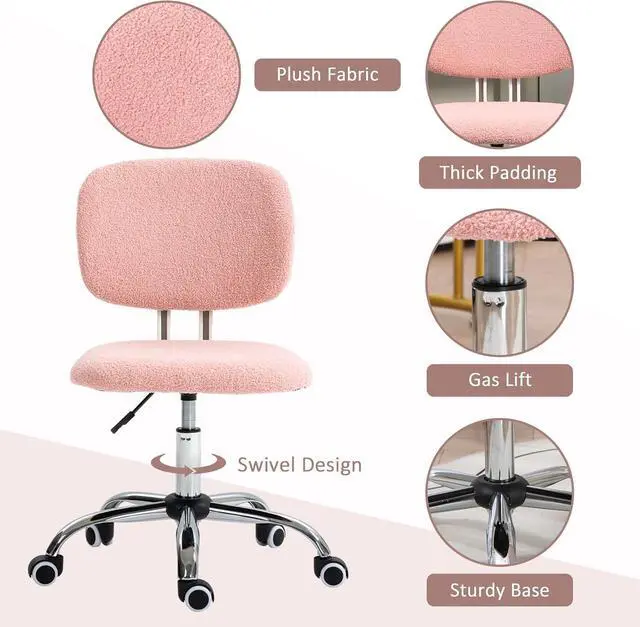 Alt view image 5 of 7 - Vinsetto Cute Armless Office Chair, Teddy Fleece Fabric Computer Desk Chair, Vanity Task Chair with Adjustable Height, Swivel Wheels, Mid Back, Pink