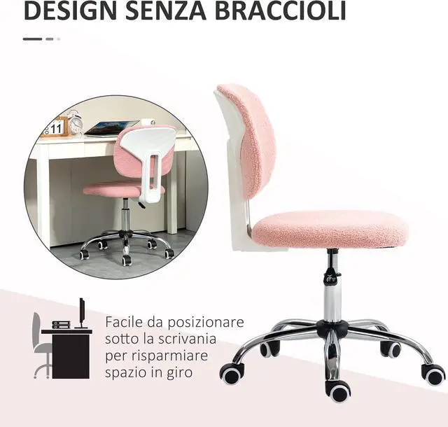 Alt view image 6 of 7 - Vinsetto Cute Armless Office Chair, Teddy Fleece Fabric Computer Desk Chair, Vanity Task Chair with Adjustable Height, Swivel Wheels, Mid Back, Pink