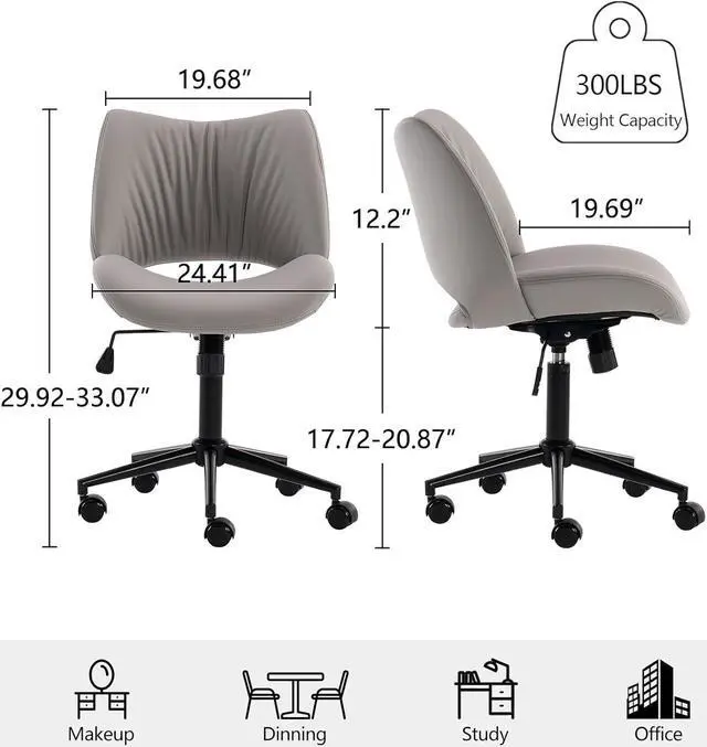 Alt view image 3 of 7 - YOUTASTE Ergonomic Home Desk Chair Faux Leather Office Chair Swivel Rolling Task Chair No Arms Vanity Chair of Adjustable Height and Padded Seat Grey