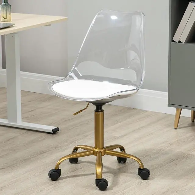 Main image of Acrylic Clear Desk Chair, Modern Small Cute Armless Vanity Rolling Plastic Chair Home Office Lucite Ghost Chairs Cushion Padded with Golden Legs, Clear