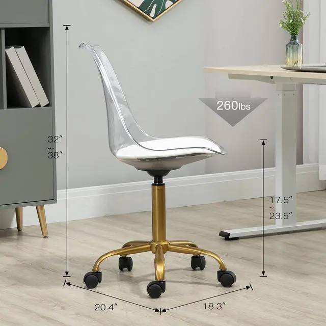 Alt view image 2 of 7 - Acrylic Clear Desk Chair, Modern Small Cute Armless Vanity Rolling Plastic Chair Home Office Lucite Ghost Chairs Cushion Padded with Golden Legs, Clear