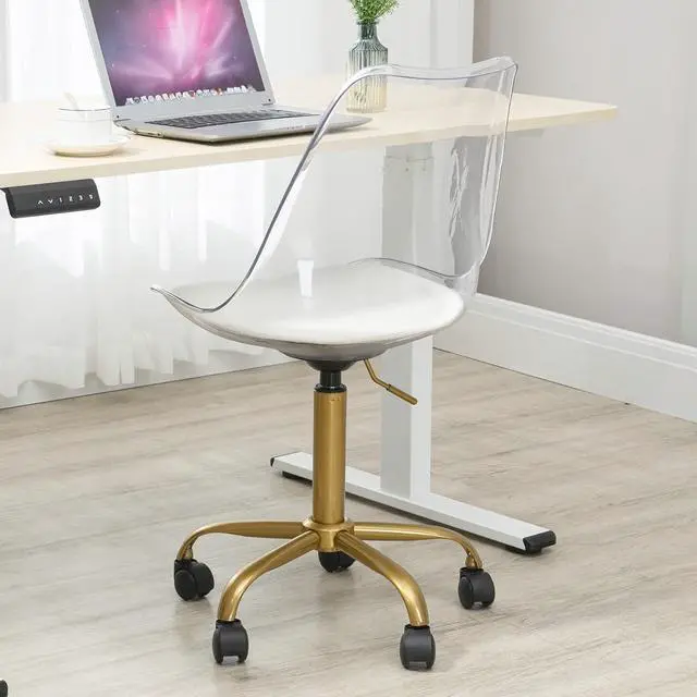 Alt view image 4 of 7 - Acrylic Clear Desk Chair, Modern Small Cute Armless Vanity Rolling Plastic Chair Home Office Lucite Ghost Chairs Cushion Padded with Golden Legs, Clear