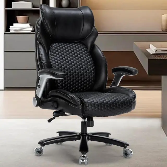 Alt view image 2 of 7 - Executive Office Chair,Heavy Duty 500 lbs Desk Chair,Ergonomic Leather Computer Chair with Adjustable Headrest and Lumbar Support,Big and Tall High Back Swivel Chair with Flip up Armrest,Black