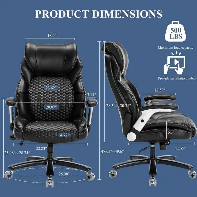 Alt view image 3 of 7 - Executive Office Chair,Heavy Duty 500 lbs Desk Chair,Ergonomic Leather Computer Chair with Adjustable Headrest and Lumbar Support,Big and Tall High Back Swivel Chair with Flip up Armrest,Black