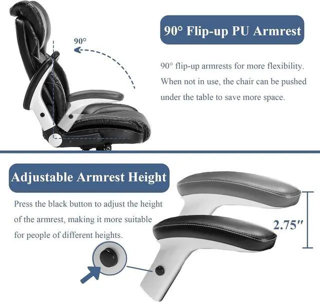 Alt view image 6 of 7 - Executive Office Chair,Heavy Duty 500 lbs Desk Chair,Ergonomic Leather Computer Chair with Adjustable Headrest and Lumbar Support,Big and Tall High Back Swivel Chair with Flip up Armrest,Black