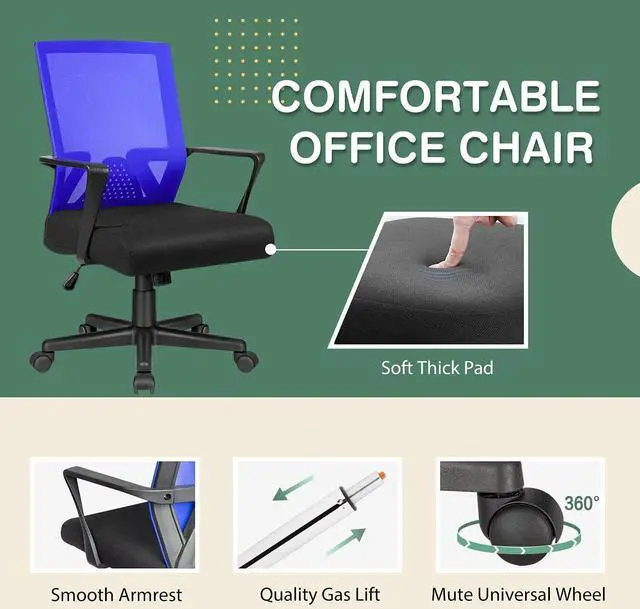 Alt view image 5 of 7 - Office Chair Ergonomic Lumbar Support Desk Mesh Computer Chair Mid Back Swivel Chair with Armrest (Blue)