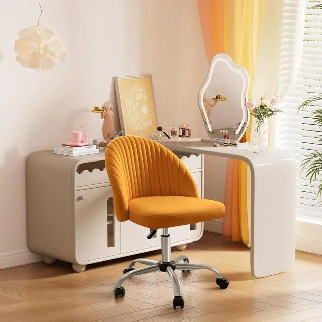Alt view image 2 of 7 - Furniwell Office Chair Armless Cute Desk Chair Modern Adjustable Swivel Padded Fabric Vanity Task Computer Chair Home Office Desk Chairs with Wheels (Yellow)