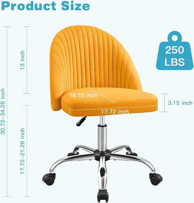 Alt view image 3 of 7 - Furniwell Office Chair Armless Cute Desk Chair Modern Adjustable Swivel Padded Fabric Vanity Task Computer Chair Home Office Desk Chairs with Wheels (Yellow)
