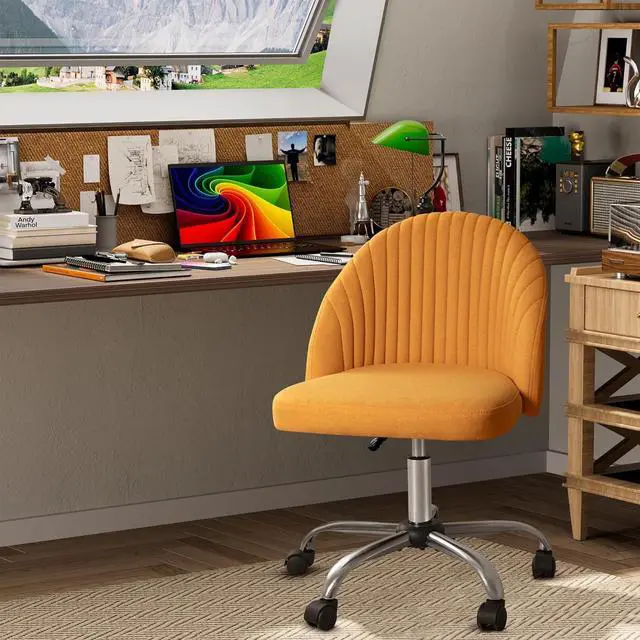 Alt view image 4 of 7 - Furniwell Office Chair Armless Cute Desk Chair Modern Adjustable Swivel Padded Fabric Vanity Task Computer Chair Home Office Desk Chairs with Wheels (Yellow)
