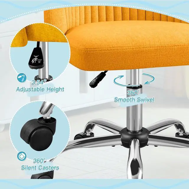 Alt view image 6 of 7 - Furniwell Office Chair Armless Cute Desk Chair Modern Adjustable Swivel Padded Fabric Vanity Task Computer Chair Home Office Desk Chairs with Wheels (Yellow)