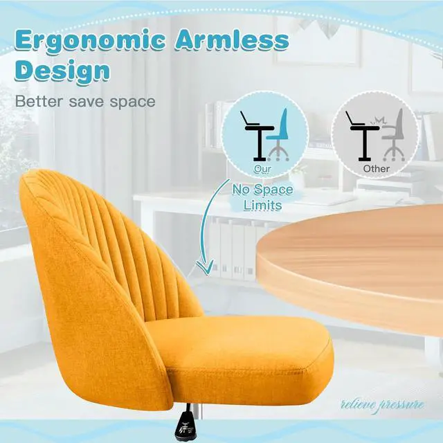 Alt view image 7 of 7 - Furniwell Office Chair Armless Cute Desk Chair Modern Adjustable Swivel Padded Fabric Vanity Task Computer Chair Home Office Desk Chairs with Wheels (Yellow)