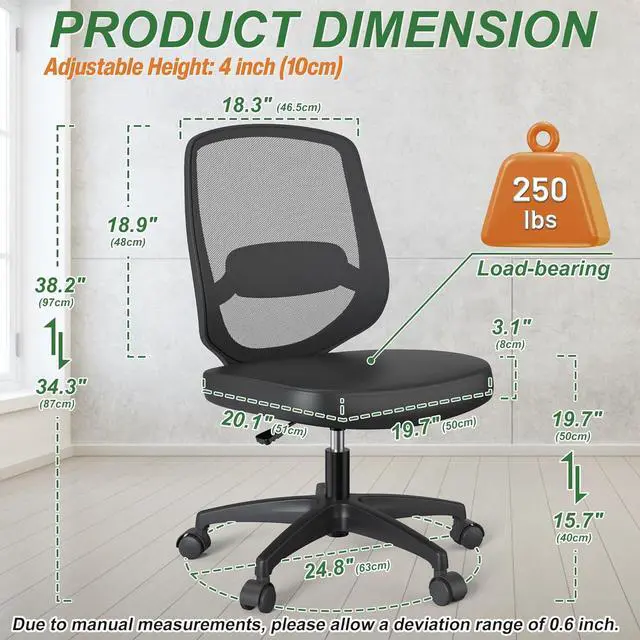 Alt view image 2 of 6 - Armless Mesh Small Task Office Chair No Arms with Wheels Height Adjustable Lumber Support for Kids and Adult