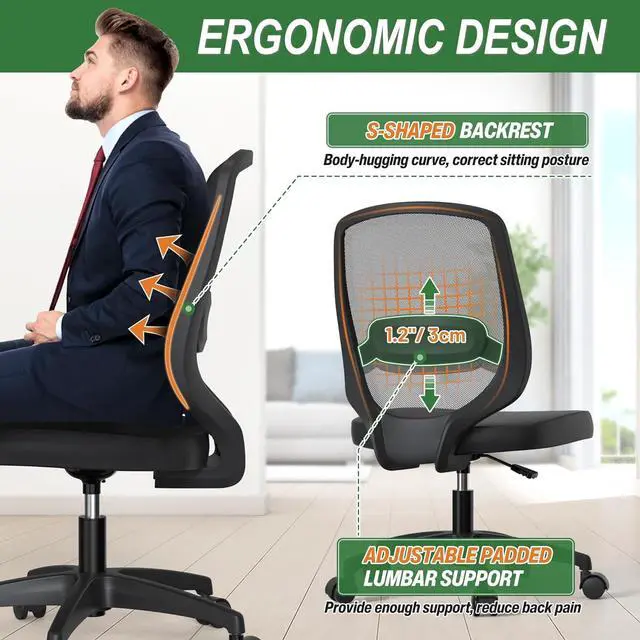 Alt view image 3 of 6 - Armless Mesh Small Task Office Chair No Arms with Wheels Height Adjustable Lumber Support for Kids and Adult