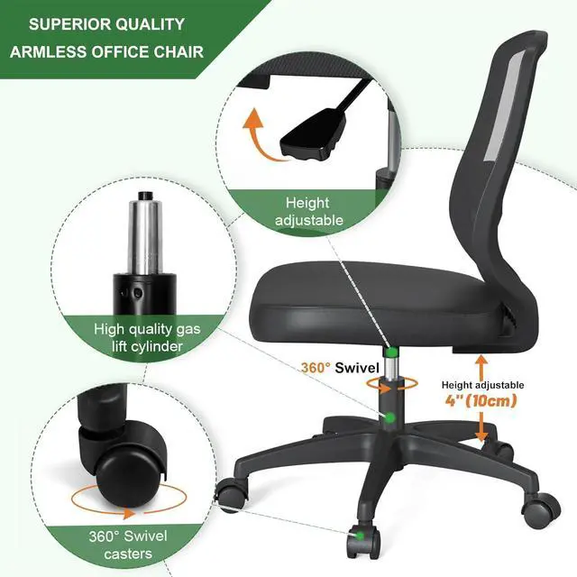 Alt view image 4 of 6 - Armless Mesh Small Task Office Chair No Arms with Wheels Height Adjustable Lumber Support for Kids and Adult