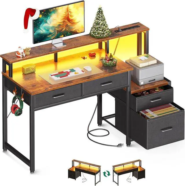 Main image of AODK 48-Inch Computer Desk with Fabric File Cabinet and Fabric Drawers, Reversible Office Desk with LED Strip and Power Strip, Gaming Desk with Monitor Riser, Writing/Study Table for Home, Vintage