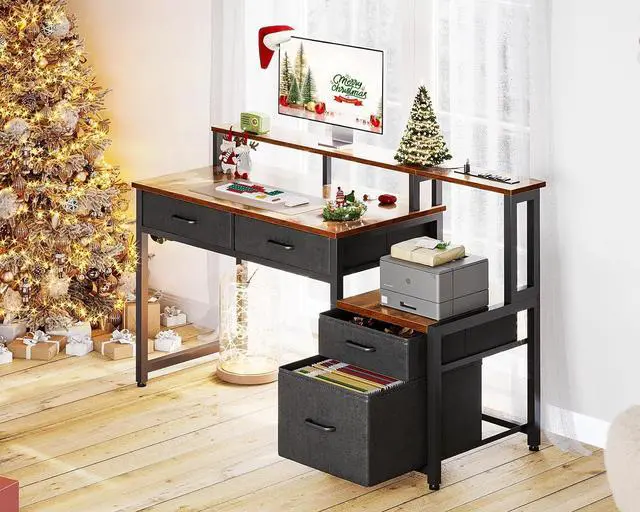 Alt view image 2 of 7 - AODK 48-Inch Computer Desk with Fabric File Cabinet and Fabric Drawers, Reversible Office Desk with LED Strip and Power Strip, Gaming Desk with Monitor Riser, Writing/Study Table for Home, Vintage