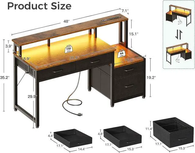 Alt view image 3 of 7 - AODK 48-Inch Computer Desk with Fabric File Cabinet and Fabric Drawers, Reversible Office Desk with LED Strip and Power Strip, Gaming Desk with Monitor Riser, Writing/Study Table for Home, Vintage