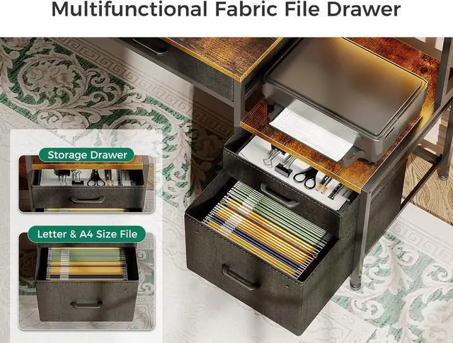 Alt view image 5 of 7 - AODK 48-Inch Computer Desk with Fabric File Cabinet and Fabric Drawers, Reversible Office Desk with LED Strip and Power Strip, Gaming Desk with Monitor Riser, Writing/Study Table for Home, Vintage