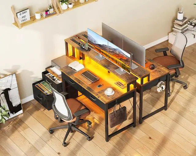 Alt view image 7 of 7 - AODK 48-Inch Computer Desk with Fabric File Cabinet and Fabric Drawers, Reversible Office Desk with LED Strip and Power Strip, Gaming Desk with Monitor Riser, Writing/Study Table for Home, Vintage