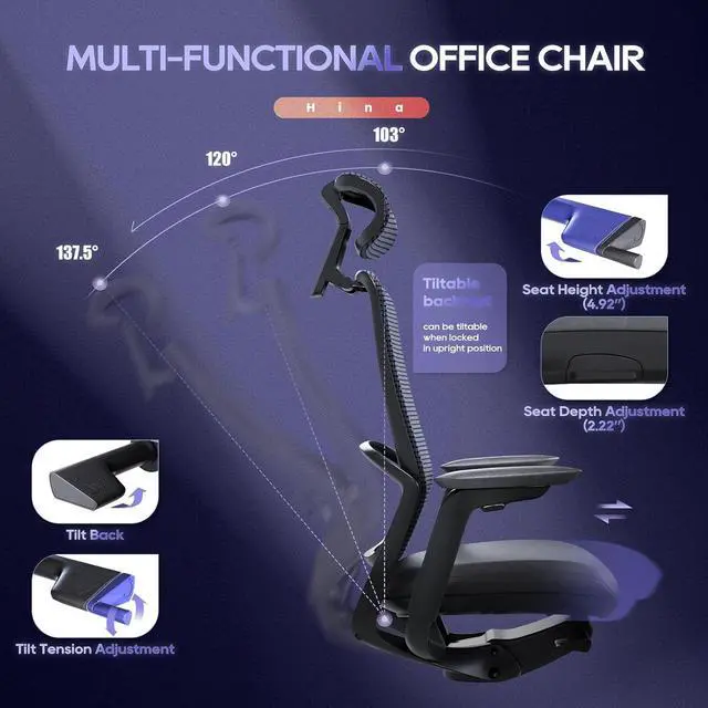 Alt view image 4 of 7 - Ergonomic Office Chair,Adjustable Headrest, Lumbar Support, High Back Mesh Desk Chair, Reclining Computer Chair for Home Office