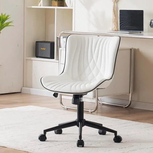 Main image of YOUNIKE Office Chair, Armless Desk Chair with Wheels, Home Office Computer Task Chairs, Modern Faux Leather Upholstered Vanity Chair, Adjustable Swivel Rocking Office Chair with Back, White