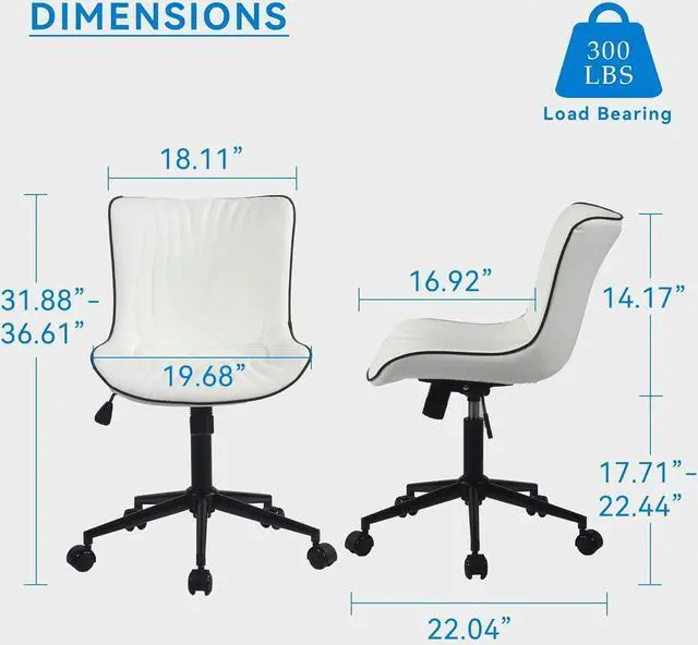 Alt view image 2 of 7 - YOUNIKE Office Chair, Armless Desk Chair with Wheels, Home Office Computer Task Chairs, Modern Faux Leather Upholstered Vanity Chair, Adjustable Swivel Rocking Office Chair with Back, White