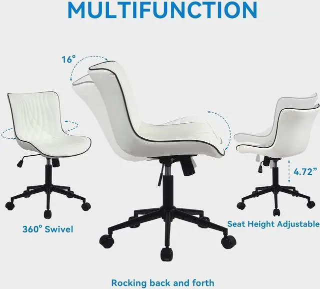 Alt view image 3 of 7 - YOUNIKE Office Chair, Armless Desk Chair with Wheels, Home Office Computer Task Chairs, Modern Faux Leather Upholstered Vanity Chair, Adjustable Swivel Rocking Office Chair with Back, White