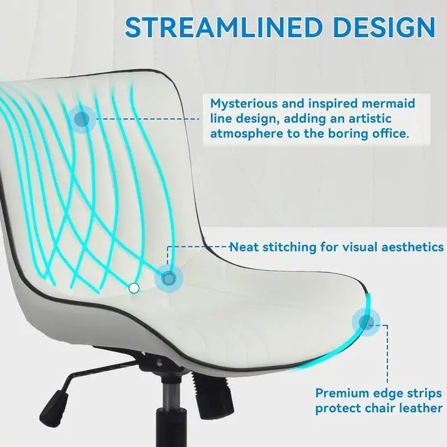 Alt view image 4 of 7 - YOUNIKE Office Chair, Armless Desk Chair with Wheels, Home Office Computer Task Chairs, Modern Faux Leather Upholstered Vanity Chair, Adjustable Swivel Rocking Office Chair with Back, White