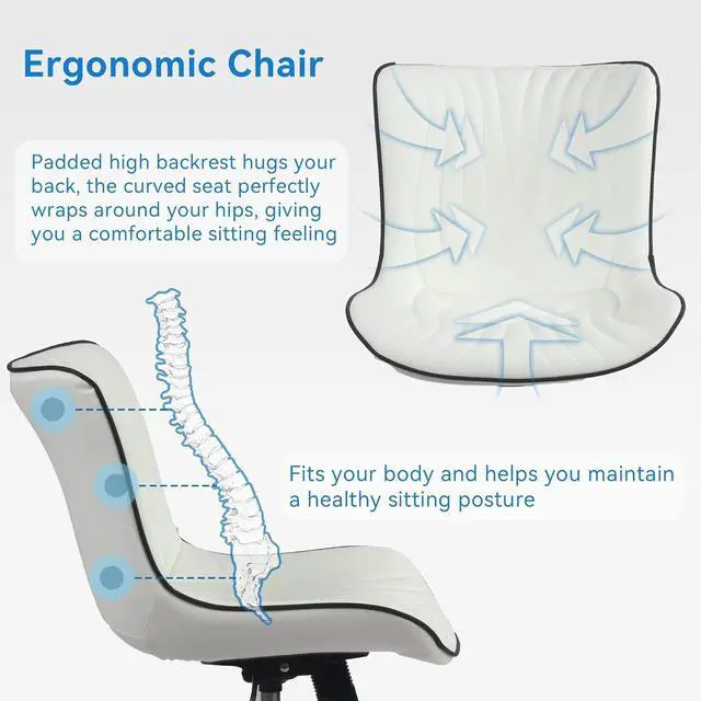Alt view image 6 of 7 - YOUNIKE Office Chair, Armless Desk Chair with Wheels, Home Office Computer Task Chairs, Modern Faux Leather Upholstered Vanity Chair, Adjustable Swivel Rocking Office Chair with Back, White