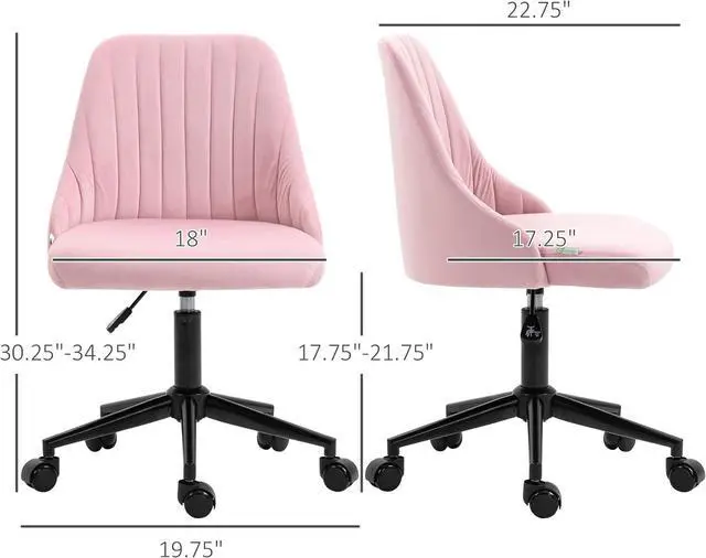 Alt view image 3 of 7 - Vinsetto Mid-Back Office Chair, Velvet Fabric Swivel Scallop Shape Computer Desk Chair for Home Office or Bedroom, Pink