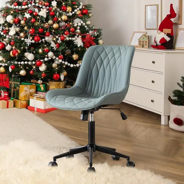 Main image of YOUNIKE Ergonomic Home Office Desk Chair Comfy Small Criss Cross Chair with Wheels Swivel Adjustable Modern Vanity Chair High Back Armless Cute Leather Upholstered Rolling Task Chair Greyish Green
