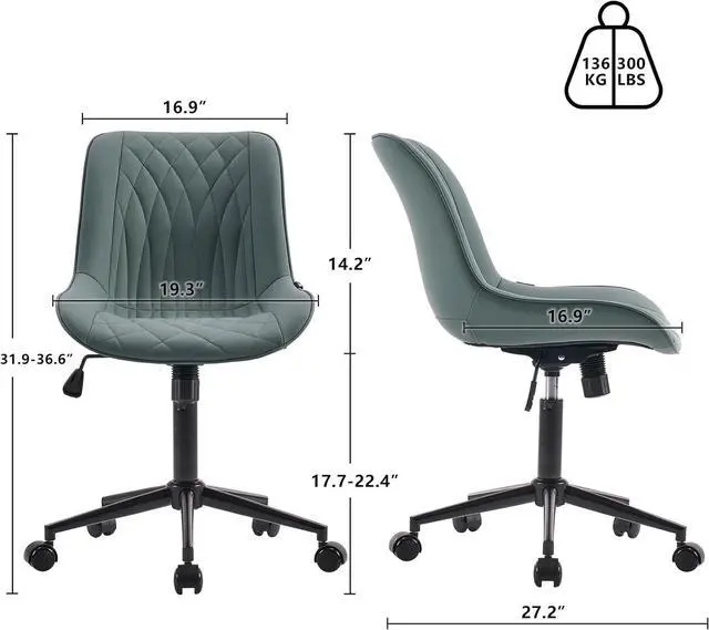 Alt view image 2 of 7 - YOUNIKE Ergonomic Home Office Desk Chair Comfy Small Criss Cross Chair with Wheels Swivel Adjustable Modern Vanity Chair High Back Armless Cute Leather Upholstered Rolling Task Chair Greyish Green