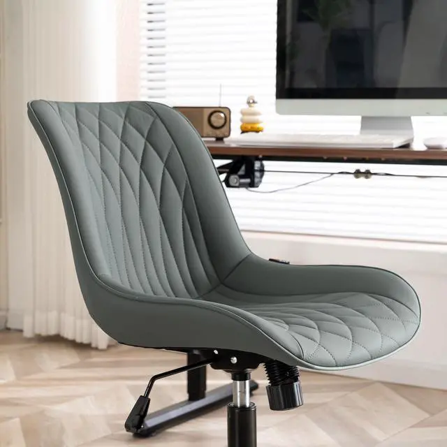 Alt view image 3 of 7 - YOUNIKE Ergonomic Home Office Desk Chair Comfy Small Criss Cross Chair with Wheels Swivel Adjustable Modern Vanity Chair High Back Armless Cute Leather Upholstered Rolling Task Chair Greyish Green