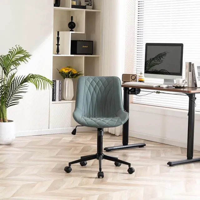 Alt view image 4 of 7 - YOUNIKE Ergonomic Home Office Desk Chair Comfy Small Criss Cross Chair with Wheels Swivel Adjustable Modern Vanity Chair High Back Armless Cute Leather Upholstered Rolling Task Chair Greyish Green