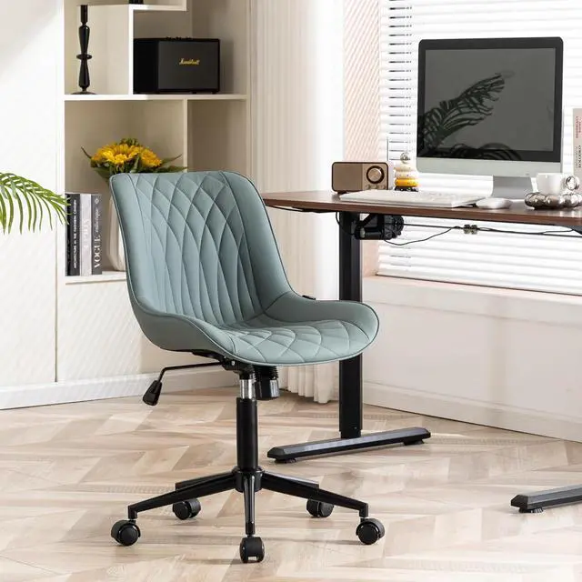 Alt view image 5 of 7 - YOUNIKE Ergonomic Home Office Desk Chair Comfy Small Criss Cross Chair with Wheels Swivel Adjustable Modern Vanity Chair High Back Armless Cute Leather Upholstered Rolling Task Chair Greyish Green