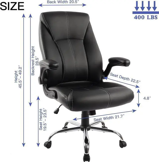 Alt view image 2 of 7 - Big and Tall Office Chair for Heavy People 400lb, Executive Desk Computer Chair Adjustable Flip-up Armrests, PU Leather Swivel Task Chair with Ergonomic High Back and Lumbar Support