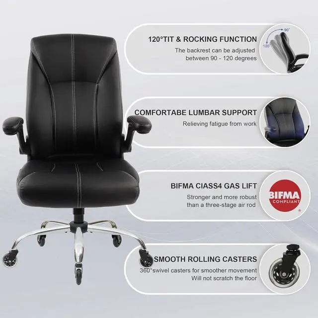 Alt view image 4 of 7 - Big and Tall Office Chair for Heavy People 400lb, Executive Desk Computer Chair Adjustable Flip-up Armrests, PU Leather Swivel Task Chair with Ergonomic High Back and Lumbar Support