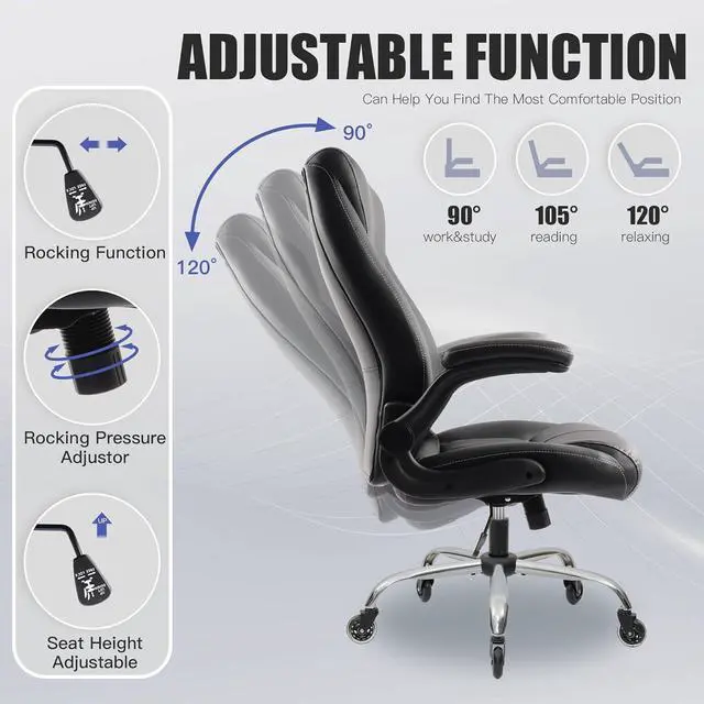 Alt view image 5 of 7 - Big and Tall Office Chair for Heavy People 400lb, Executive Desk Computer Chair Adjustable Flip-up Armrests, PU Leather Swivel Task Chair with Ergonomic High Back and Lumbar Support