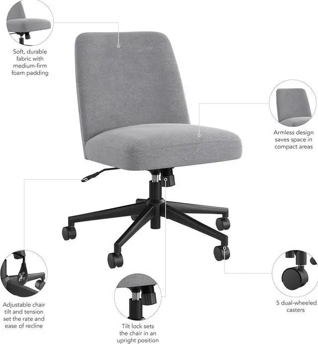 Alt view image 6 of 7 - Bush Furniture Serenity Mid Back Armless Office Chair with Wheels in Cool Gray Fabric, Workspace Seating Solution for Small Computer Desk