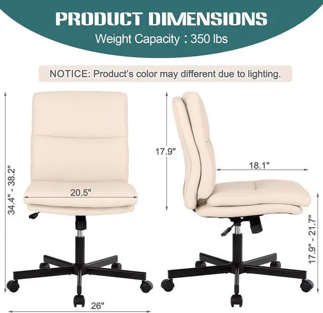 Alt view image 2 of 7 - LUCKWIND Armless Office Desk Chair with Wheels, Mid-Back Criss Cross Swivel Task Chair, Height Adjustable Cushioned Vanity Chair, Double Padded PU Leather Chair for Home, Office & Bedroom, Beige White