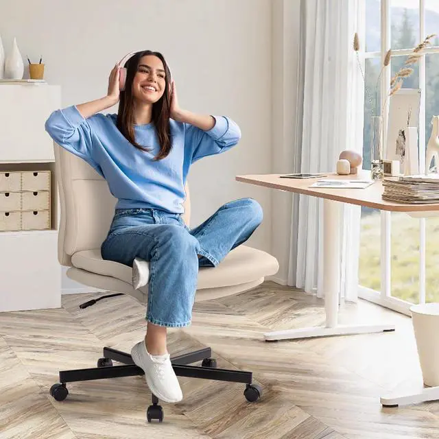 Alt view image 3 of 7 - LUCKWIND Armless Office Desk Chair with Wheels, Mid-Back Criss Cross Swivel Task Chair, Height Adjustable Cushioned Vanity Chair, Double Padded PU Leather Chair for Home, Office & Bedroom, Beige White