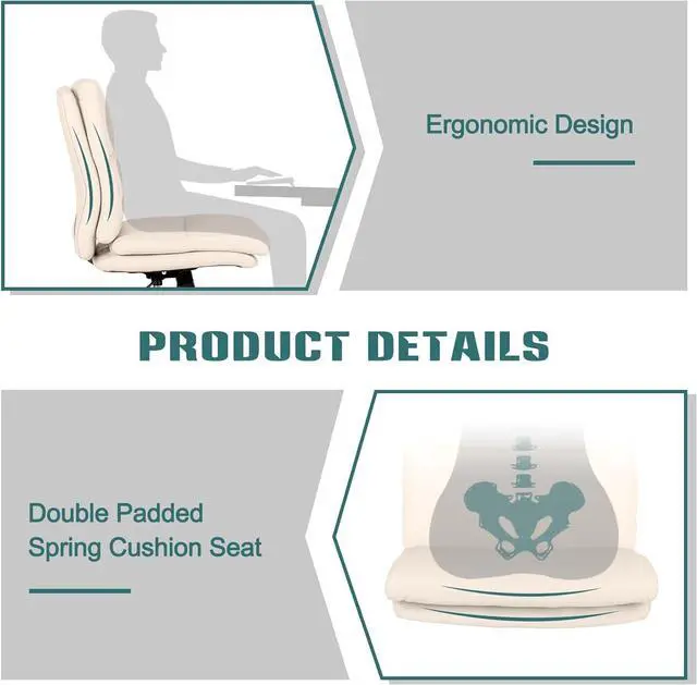 Alt view image 5 of 7 - LUCKWIND Armless Office Desk Chair with Wheels, Mid-Back Criss Cross Swivel Task Chair, Height Adjustable Cushioned Vanity Chair, Double Padded PU Leather Chair for Home, Office & Bedroom, Beige White