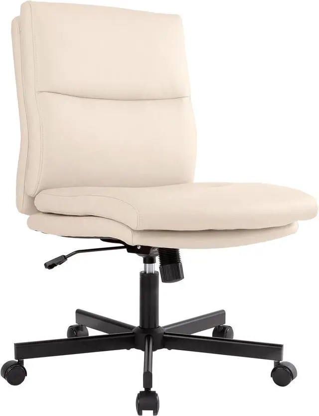 Alt view image 7 of 7 - LUCKWIND Armless Office Desk Chair with Wheels, Mid-Back Criss Cross Swivel Task Chair, Height Adjustable Cushioned Vanity Chair, Double Padded PU Leather Chair for Home, Office & Bedroom, Beige White