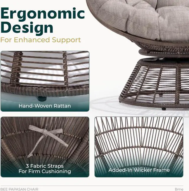 Alt view image 4 of 6 - Bme 40" Ergonomic Wicker Papasan Chair with Soft Thick Density Fabric Cushion, Bee-Designed Base, High Capacity Steel Frame, 360 Degree Swivel for Living, Bedroom, Reading Room,...