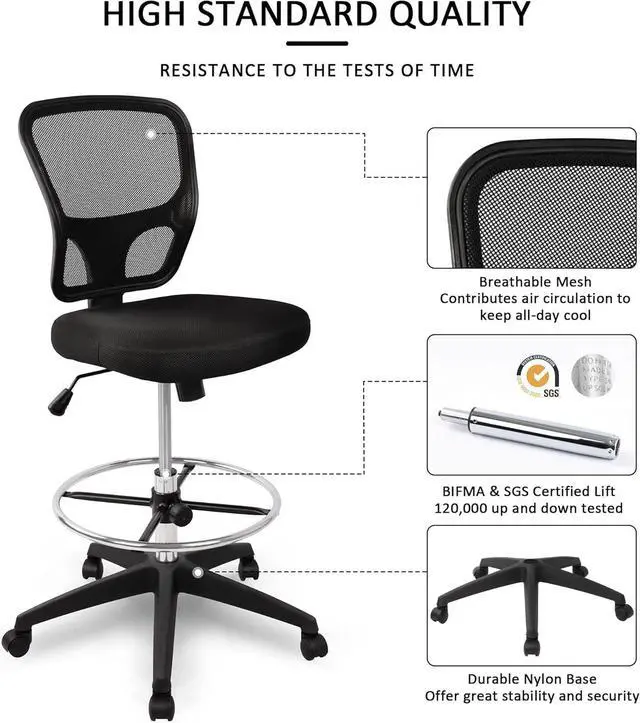 Alt view image 7 of 7 - HYLONE Ergonomic Office Chairs, Office Drafting Chair, Rolling Stool Chair Armless Standing Desk Chair with Footrest Bar Stools for Home,Office & Bar
