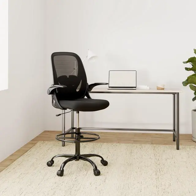 Alt view image 2 of 7 - Primy Drafting Chair Tall Office Chair with Flip-up Armrests Executive Ergonomic Computer Standing Desk Chair with Lumbar Support and Adjustable Footrest Ring (Black)